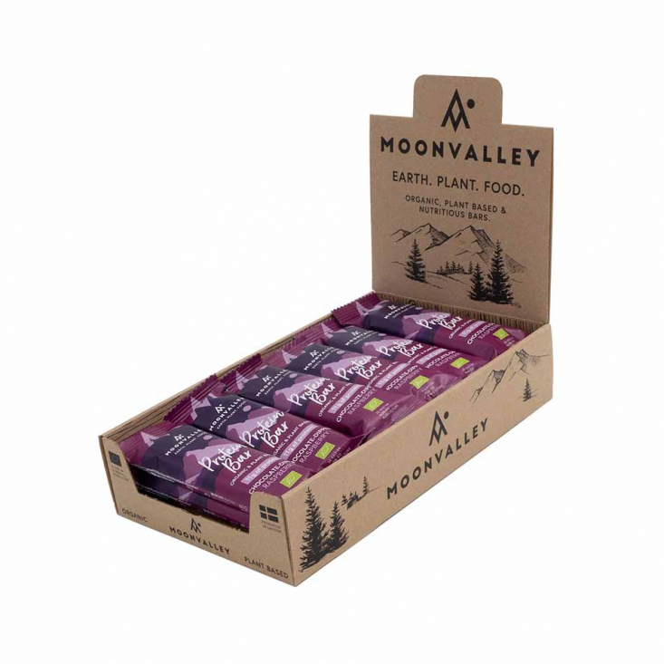 Moonvalley - Ekologisk Proteinbar Hallon / Mörk Choklad, Låda